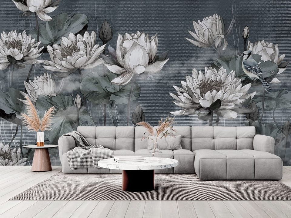 Fototapeta z kwiatami lotosu na wodzie, liście, delikatna mgła - elegancki salon w stylu minimalistycznym