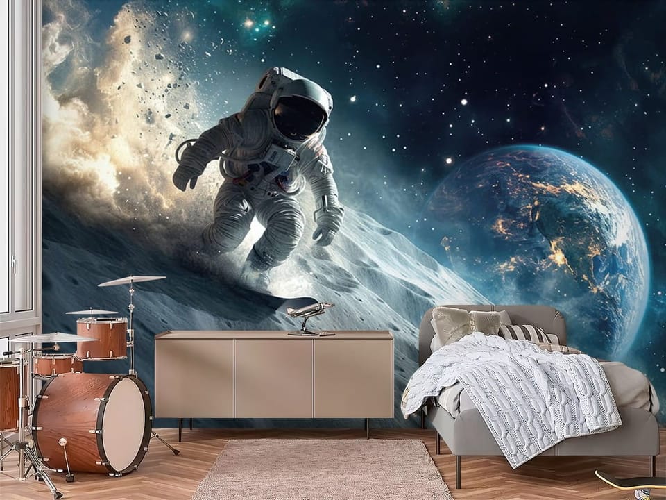 Fototapeta przedstawiająca astronautę na księżycu z ziemią i gwiazdami w tle. - widok na ścianę w pokoju nastolatka