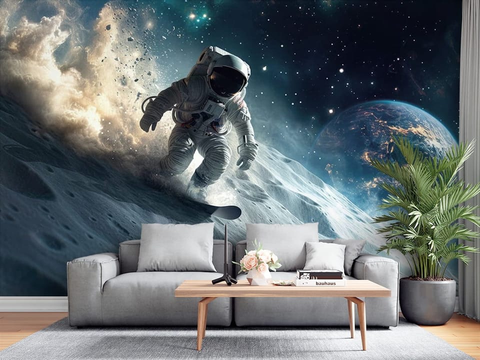 Fototapeta przedstawiająca astronautę na księżycu z ziemią i gwiazdami w tle. - salon z tradycyjnymi meblami w jasnych kolorach