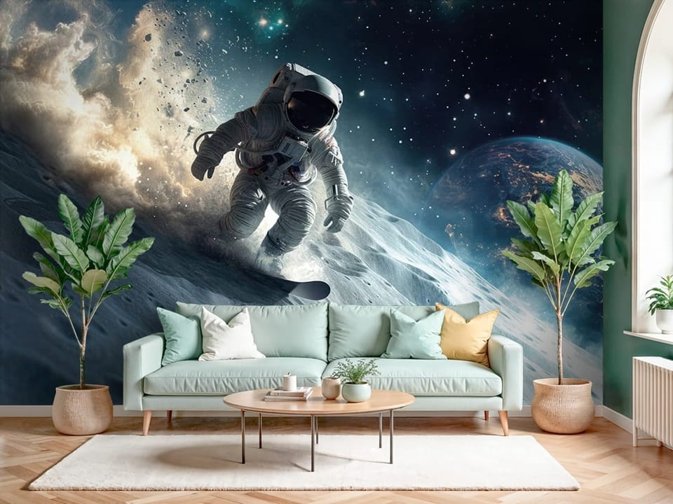 Fototapeta przedstawiająca astronautę na księżycu z ziemią i gwiazdami w tle. - ściana w pięknym salonie