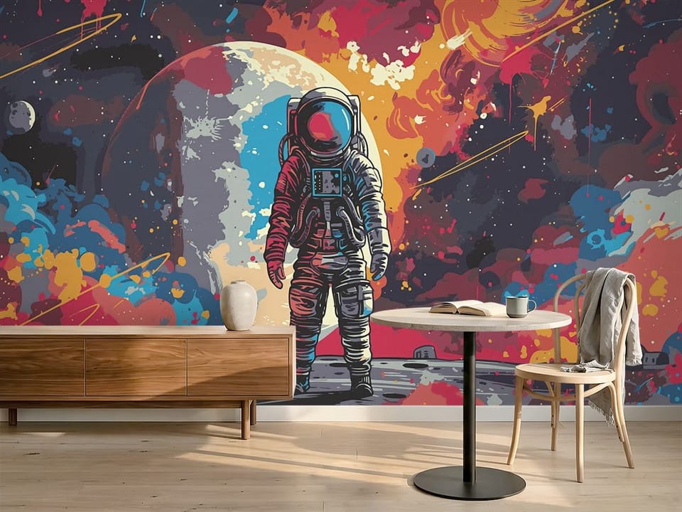 Fototapeta z astronautą na księżycu, kolorowe tło i planeta w tle - kompozycja ściany z minimalistycznym wnętrzem kawiarni