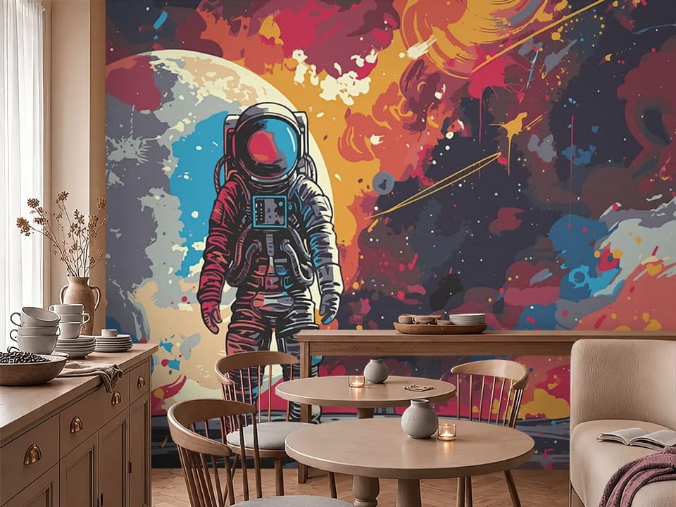 Fototapeta z astronautą na księżycu, kolorowe tło i planeta w tle - inspiracja do przytulnej kawiarni
