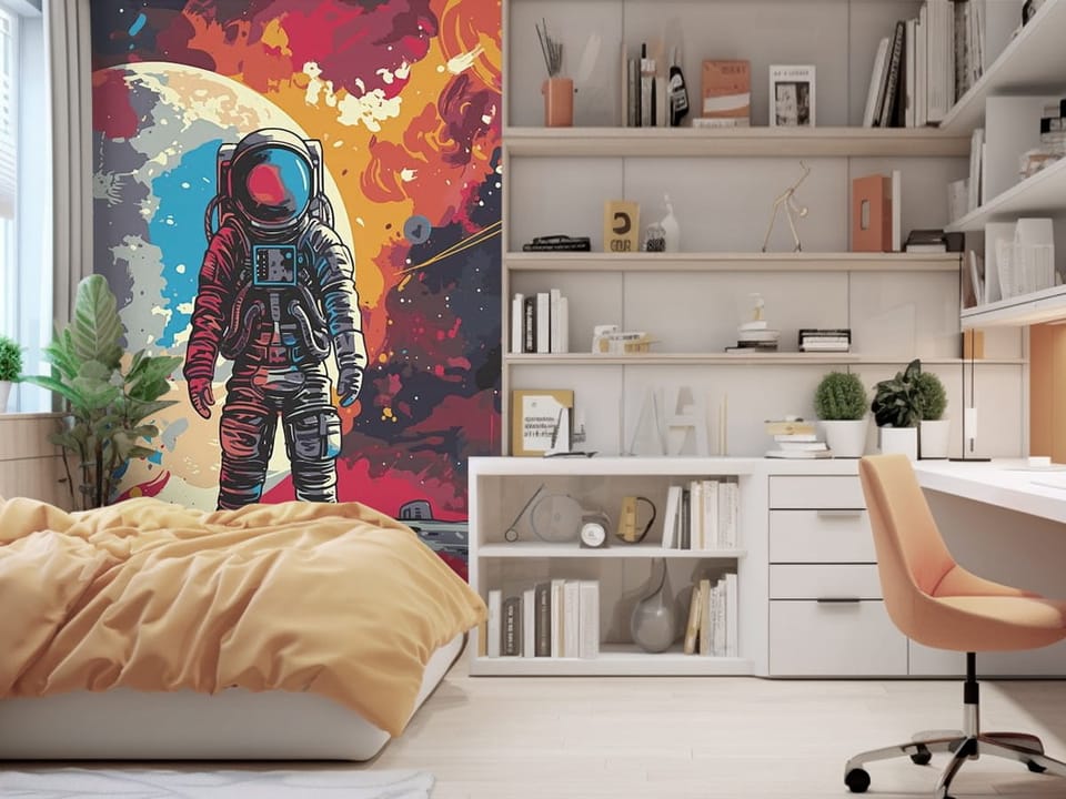 Fototapeta z astronautą na księżycu, kolorowe tło i planeta w tle - nowoczesna dekoracja w pokoju nastolatka