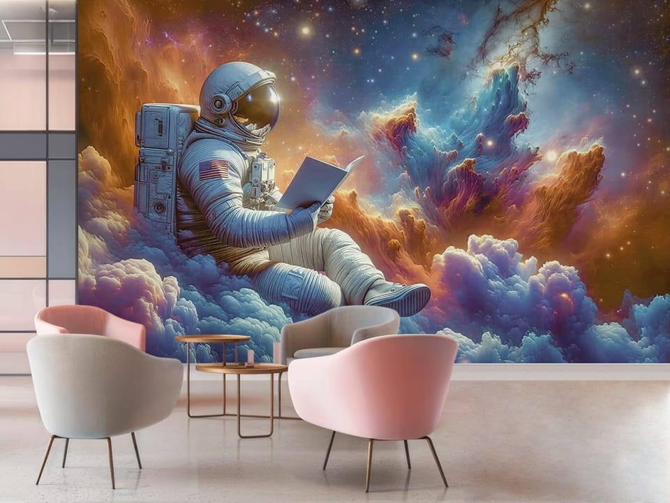 Fototapeta z astronautą siedzącym na kolorowych chmurach z książką - przytulna kawiarnia w rożowych kolorach