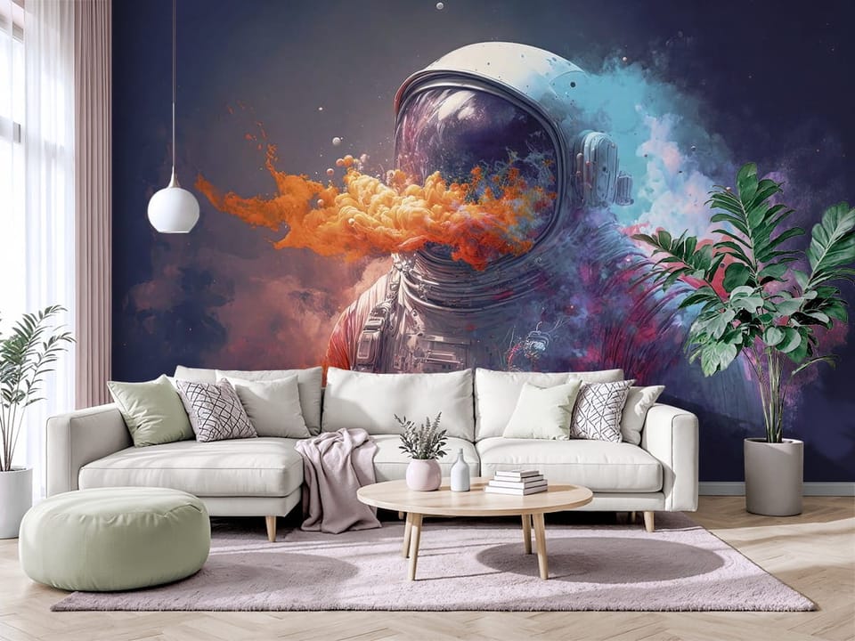 Fototapeta z astronautą w skafandrze otoczonym kolorowym dymem na ciemnym tle - salon w jasnych barwach z modnym akcentem