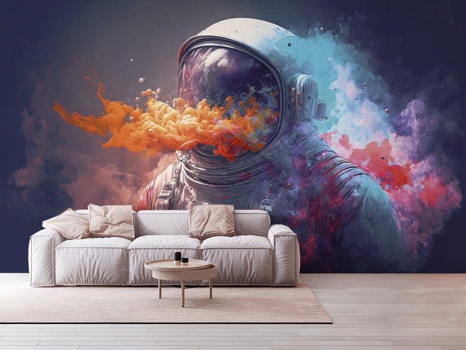 Fototapeta z astronautą w skafandrze otoczonym kolorowym dymem na ciemnym tle - aranżacja przytulnego salonu w jasnych kolorach