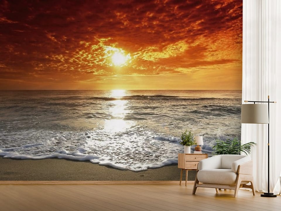 Fototapeta przedstawiająca zachód słońca nad oceanem z pomarańczowym niebem - jasny przedpokój w stylu minimalistycznym