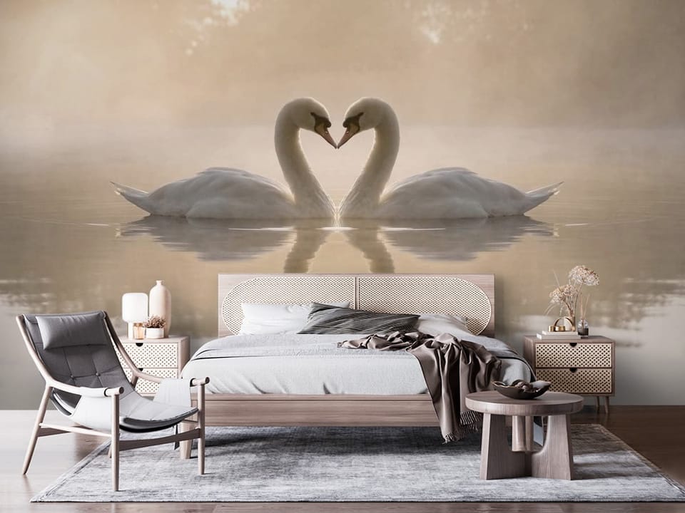 Fototapeta z dwoma łabędziami na wodzie, delikatna mgła w tle - nowoczesna ściana w nasłonecznionej sypialni