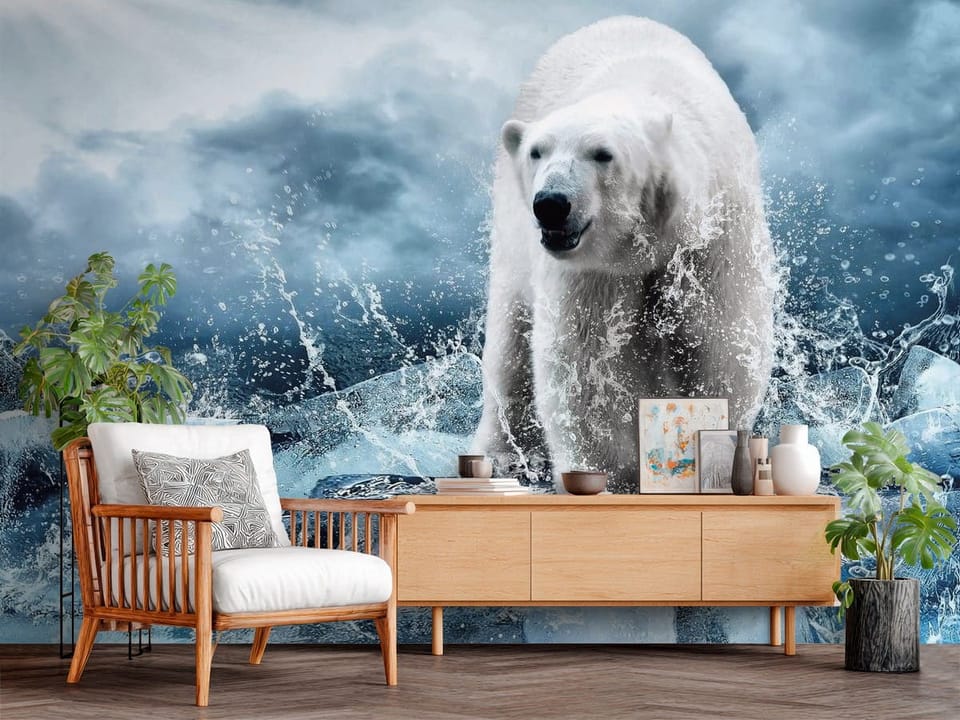 Fototapeta z niedźwiedziem polarnym na lodowej krze i pochmurnym niebem - przytulna strefa w przedpokoju