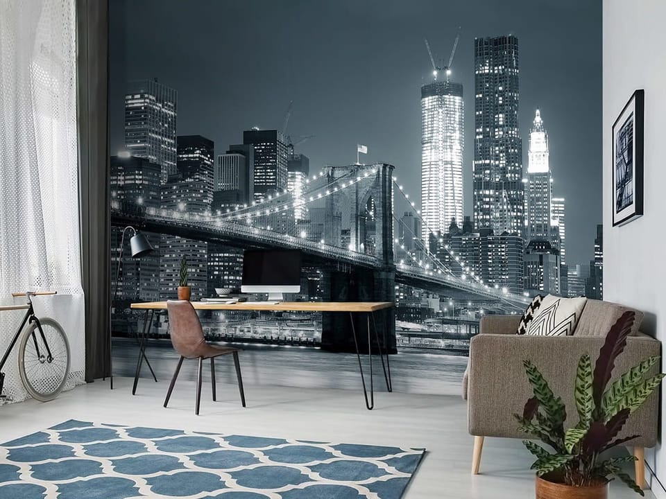 Fototapeta Nocny most nad rzeką we wnętrzu pokoju nastolatka