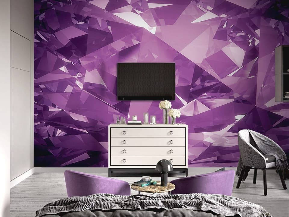 Fototapeta Fioletowe kryształy 3D we wnętrzu sypialni